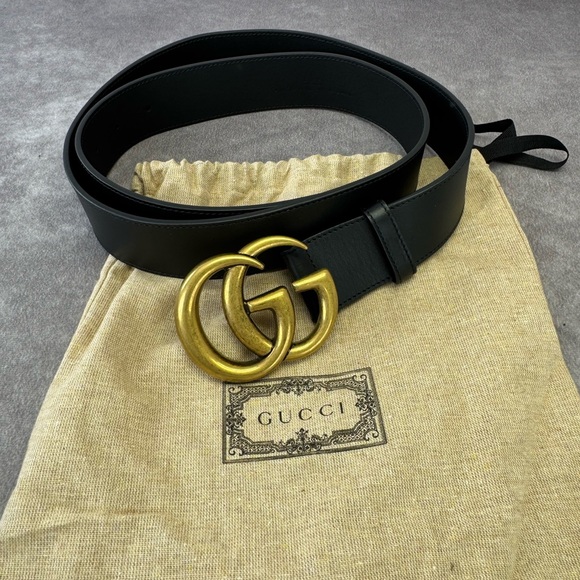 Gucci Gg Marmont Wide Black Leather Belt with Gold Buckle 105/42” - Picture 1 of 9